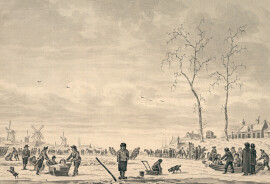 Северно-нидерландский мастер XVIII века. Зимний пейзаж с конькобежцами. Бумага, коричневые чернила