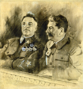 Сварог В.С. Сталин и Ворошилов в ложе театра. 1940. Бумага, акварель